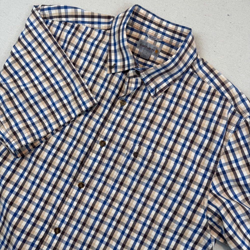 Carhartt L Button Down Shirt Mens Blue Tan Plaid Relaxed Fit Short Sleeve 101552